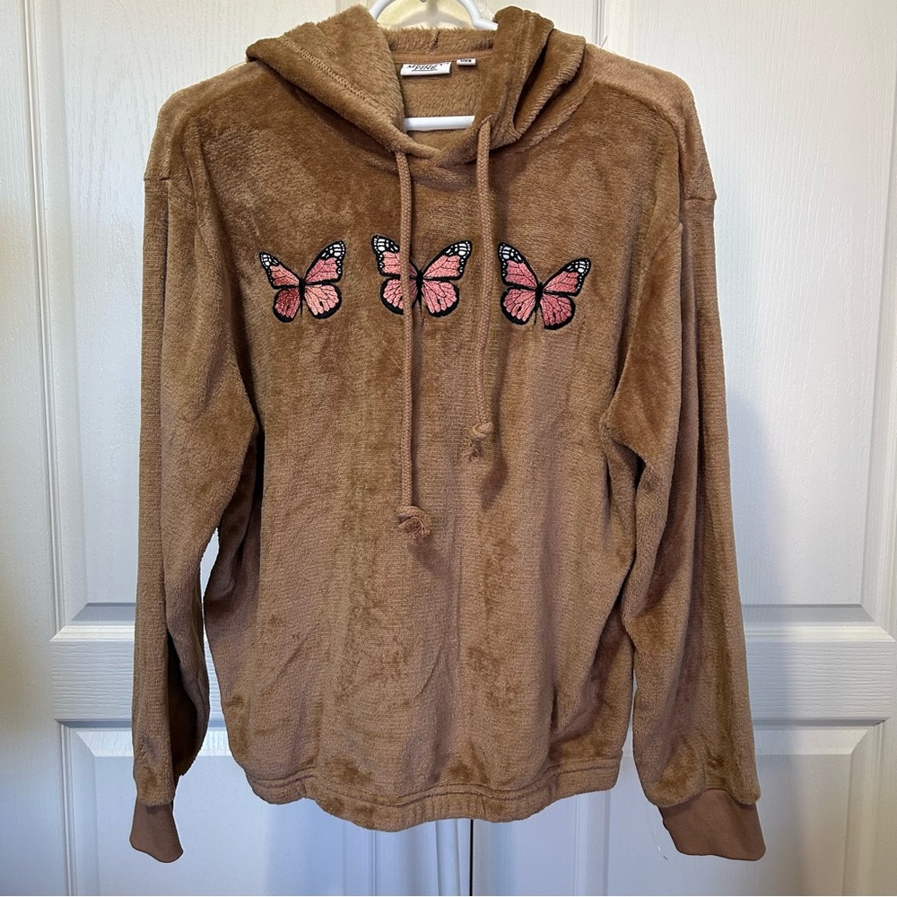NWOT Mighty Fine Brown Embroidered Butterfly Teddy Bear Pullover Hoodie